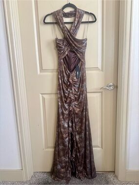 Fashion Nova Metallic Brown Ruched Halter Prom Dress
